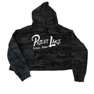 Priest Lake Idaho Dark Grey Camo Pullover Crop Hoodie Sweatshirt  2XL